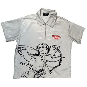 Mixed Emotion Zip Up Shirt Mens Small White Shiny Cupid Graphic Emotional Closet